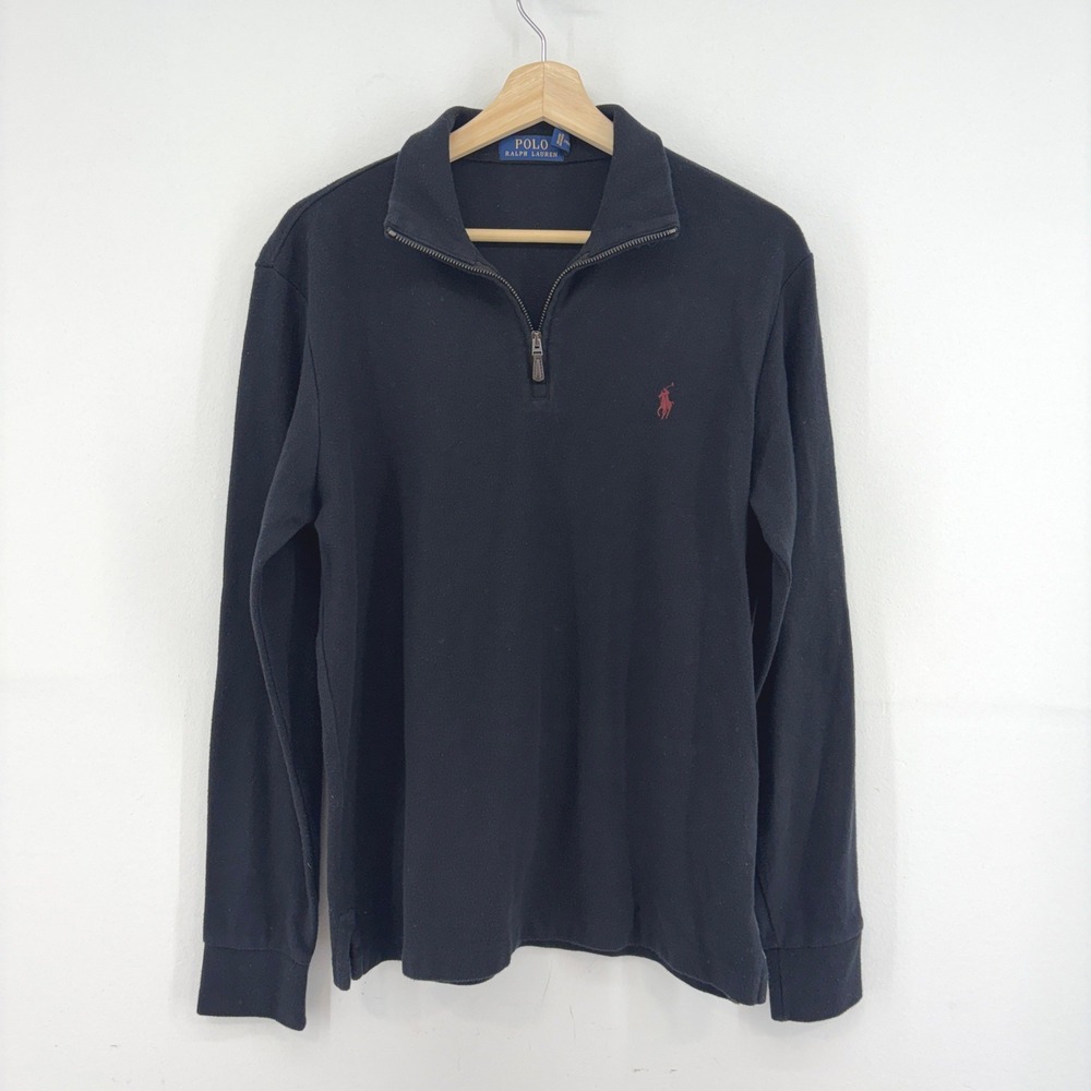 Polo Ralph Lauren Mens Quarter Zip Pullover Black Red Pony Logo Medium